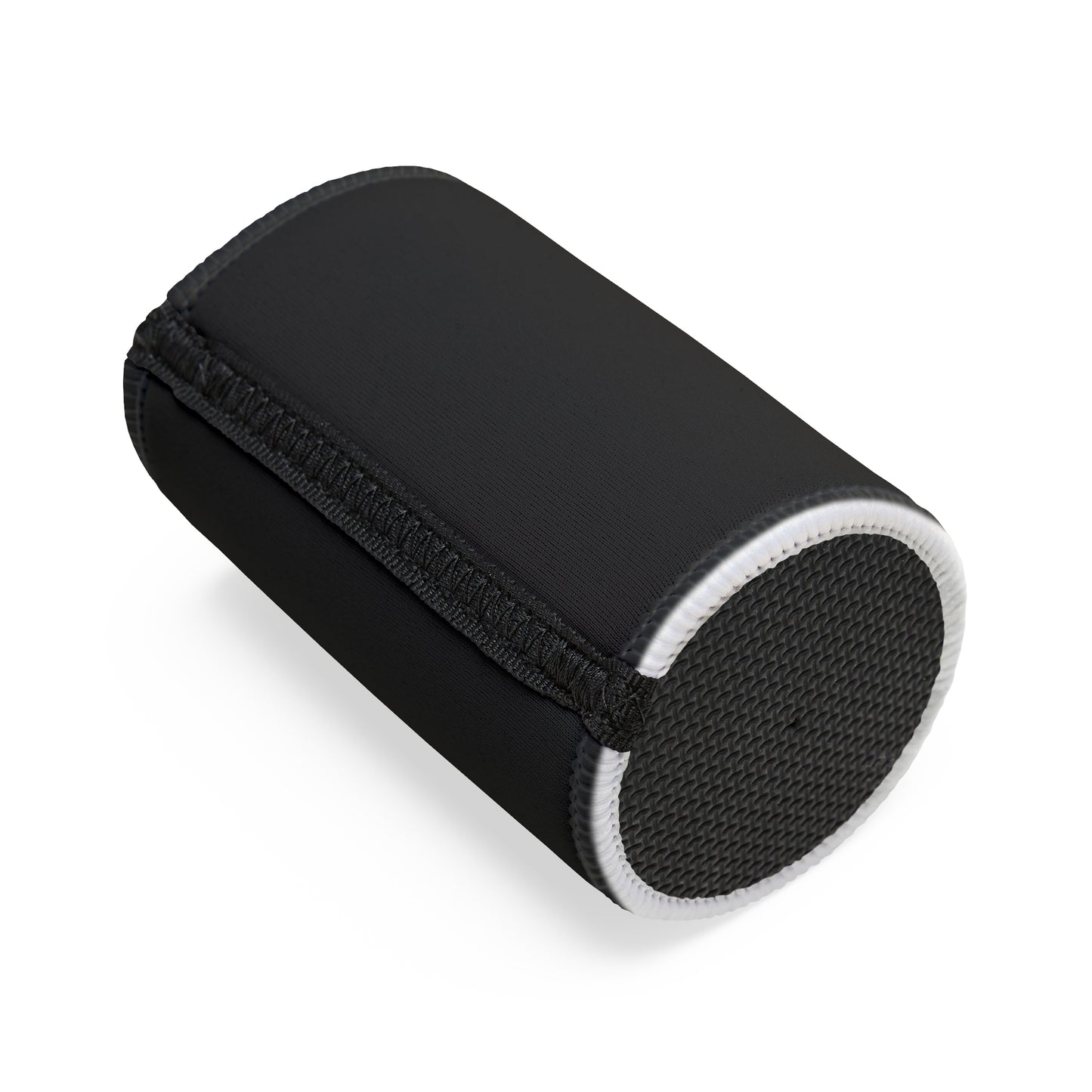 Black neoprene stubby cooler with white trim and textured base — keeps your cold one cold.