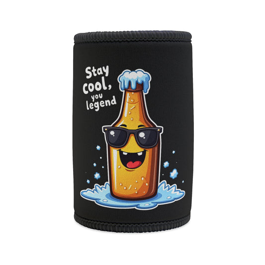 Stay Cool You Legend stubby cooler, black neoprene with cartoon beer bottle in sunglasses on ice graphic