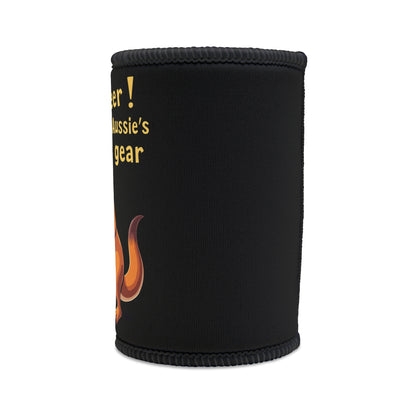 Cold Beer Aussie's Gear stubby cooler, black neoprene with gold text and kangaroo graphic, side view