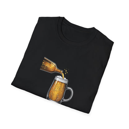 Bottoms Up black unisex t-shirt with beer bottle pouring into frothy mug graphic, folded flat on white background