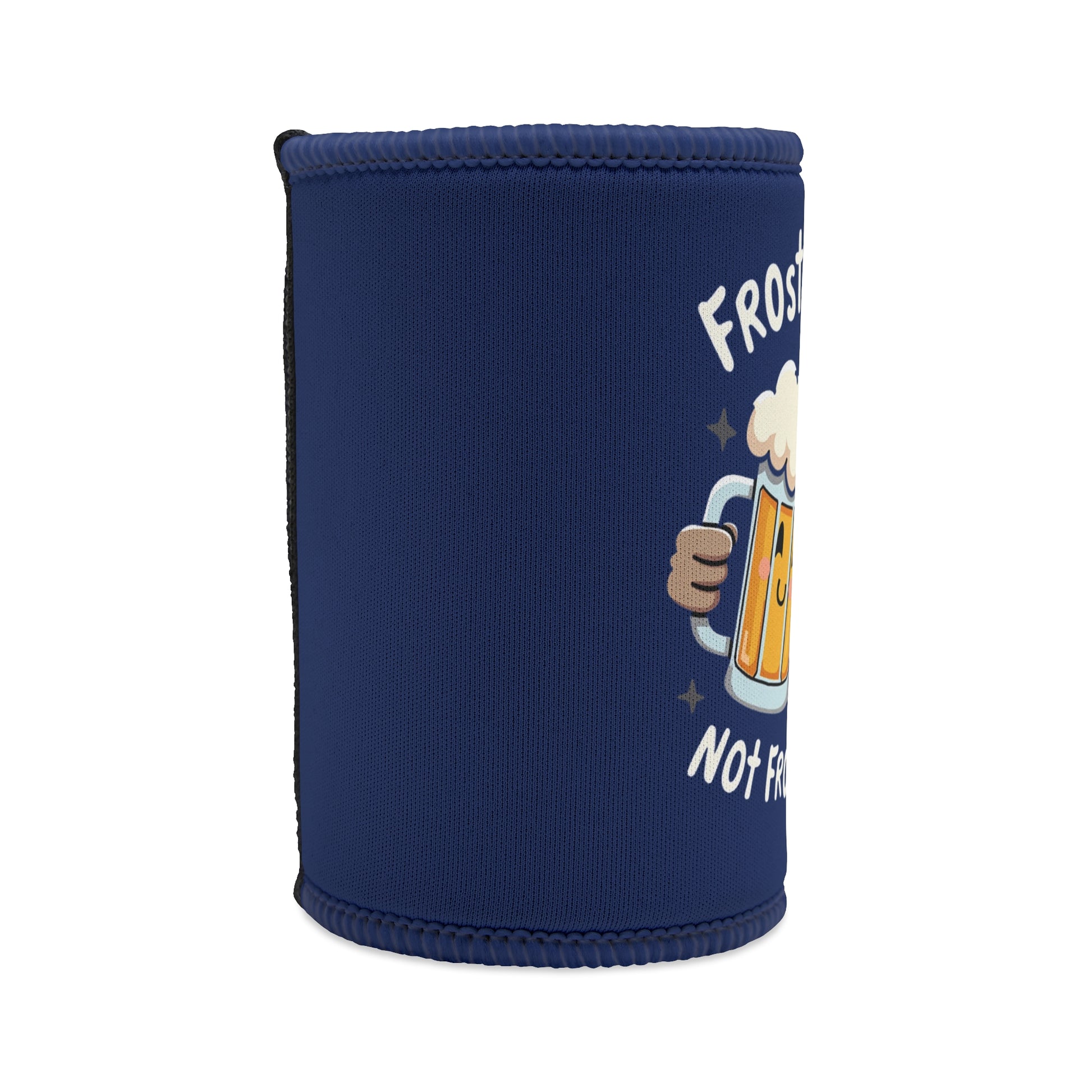 Frosty Mates Not Frosty Hands navy blue neoprene stubby cooler with beer mug graphic