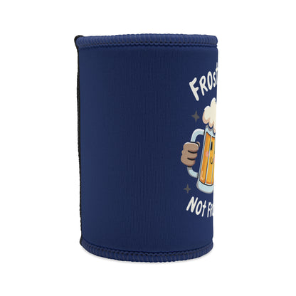 Frosty Mates Not Frosty Hands navy blue neoprene stubby cooler with beer mug graphic