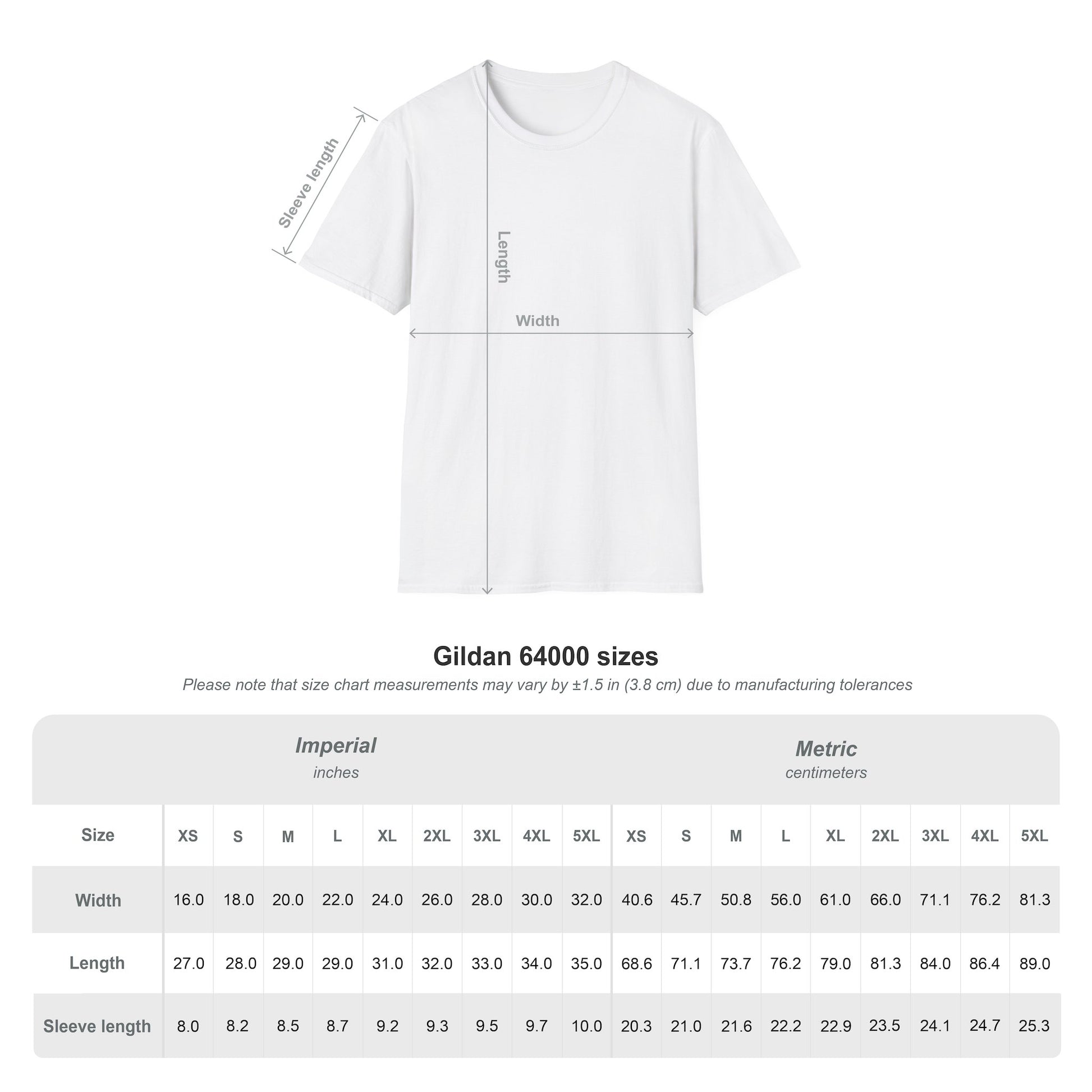 Gildan 64000 size chart for Bottoms Up unisex white t-shirt showing width, length and sleeve measurements XS–5XL