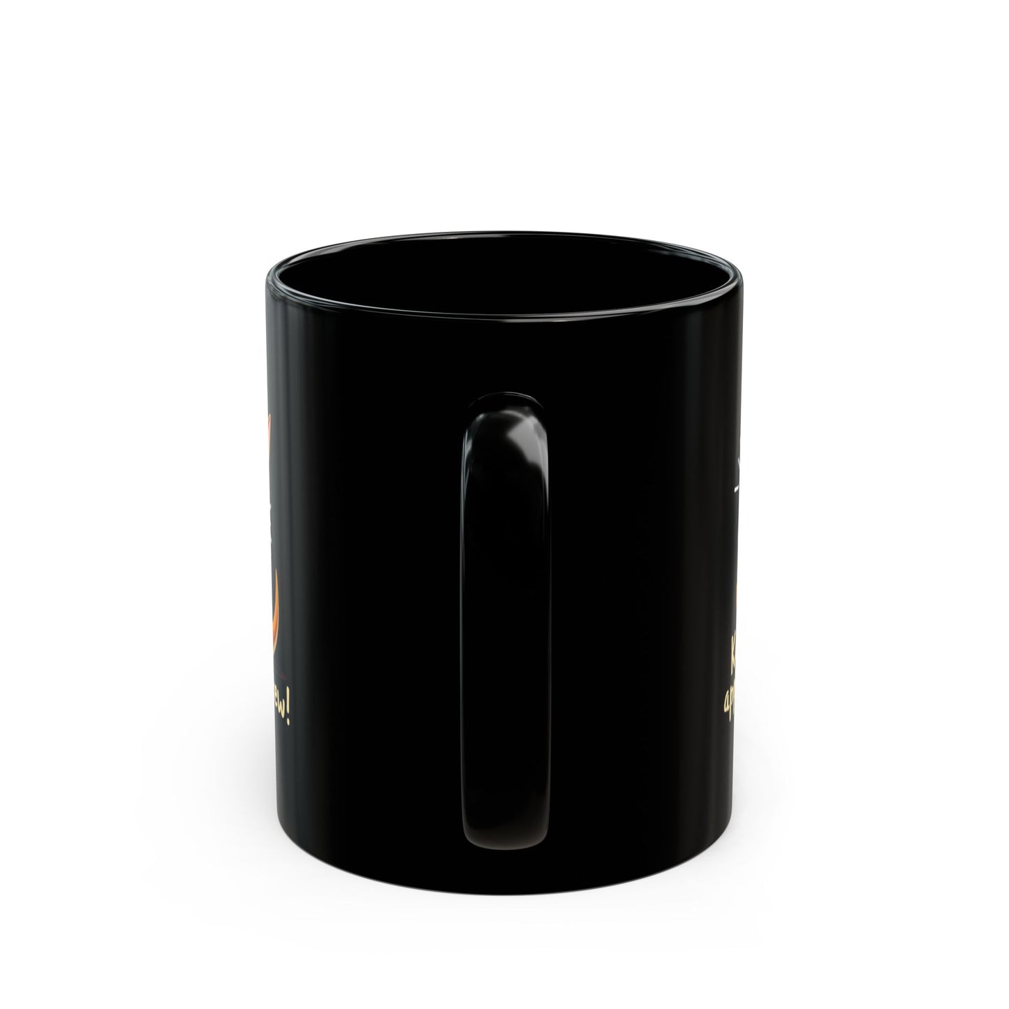 Black ceramic coffee mug with kangaroo design, glossy finish, shown from handle side on white background