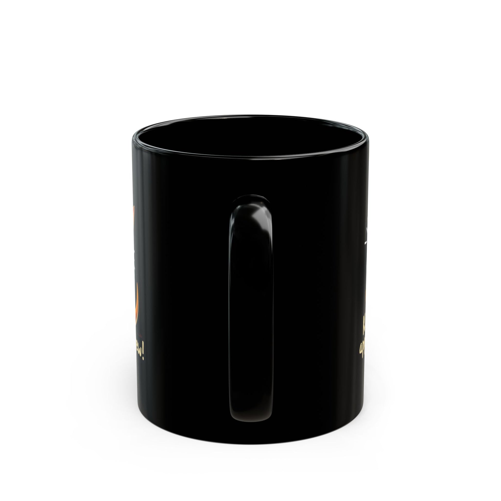 Black ceramic coffee mug with kangaroo design, glossy finish, shown from handle side on white background