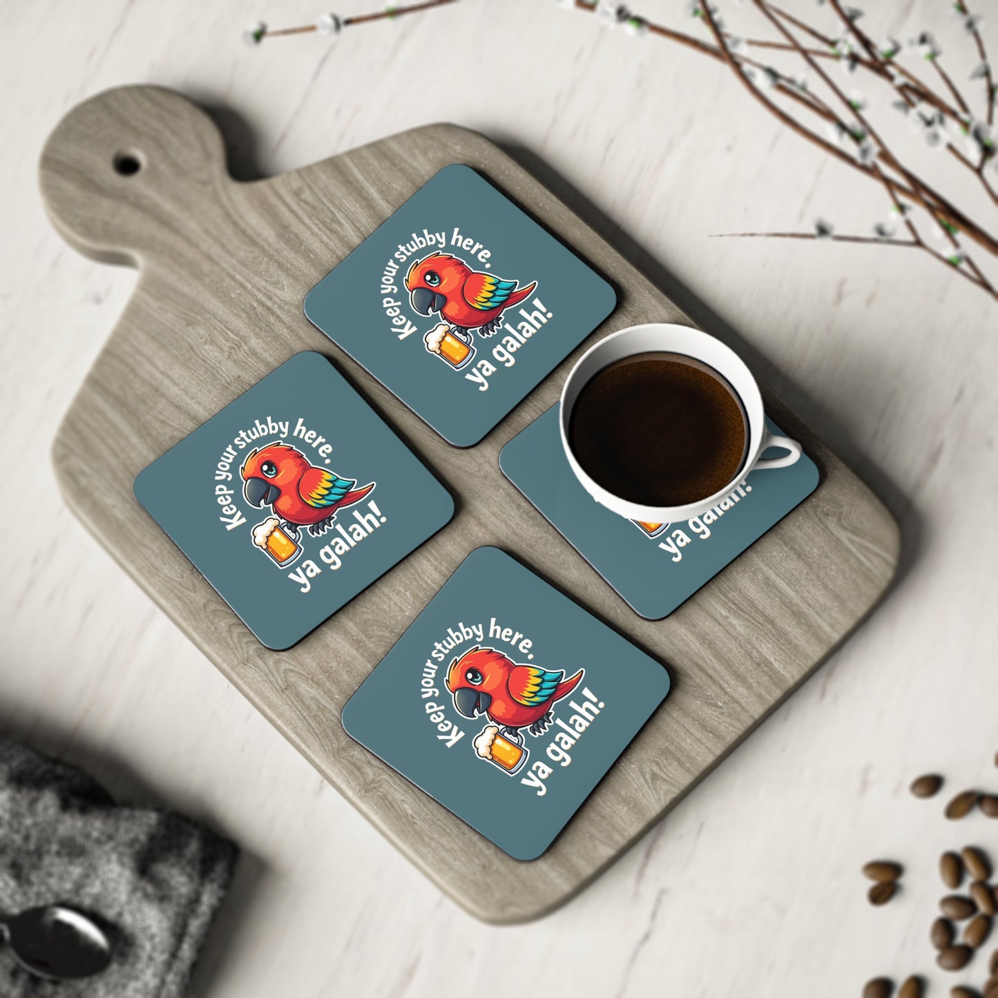 Keep Your Stubby ya galah coasters, set of 4, slate blue with cartoon galah holding beer, on timber board