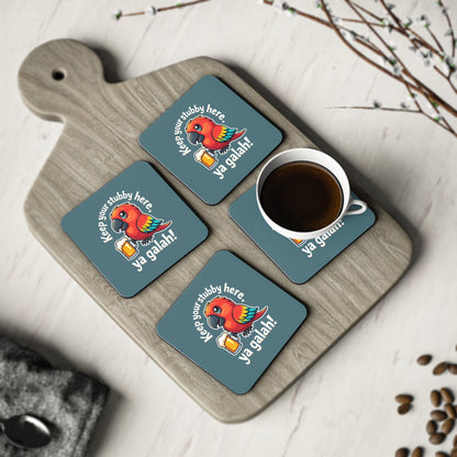 Keep Your Stubby ya galah coasters, set of 4, slate blue with cartoon galah holding beer, on timber board
