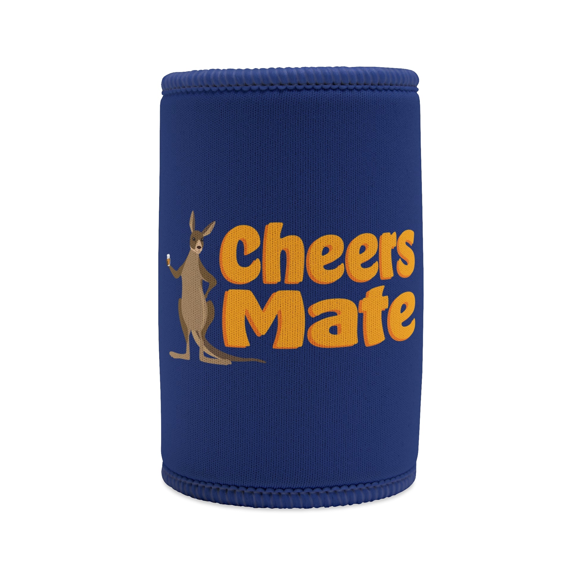 "Cheers Mate" stubby cooler in navy blue with gold text and kangaroo holding a beer — funny Aussie gift