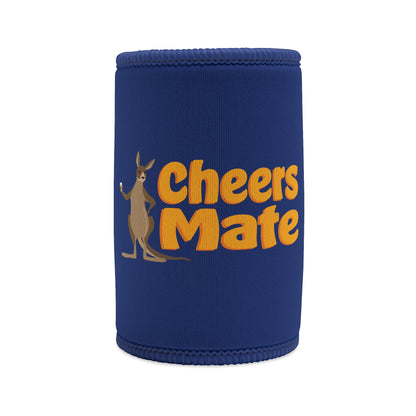 "Cheers Mate" stubby cooler in navy blue with gold text and kangaroo holding a beer — funny Aussie gift