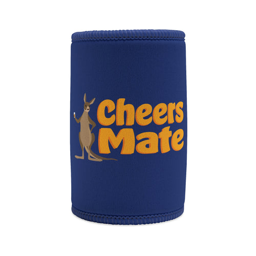 "Cheers Mate" stubby cooler in navy blue with gold text and kangaroo holding a beer — funny Aussie gift