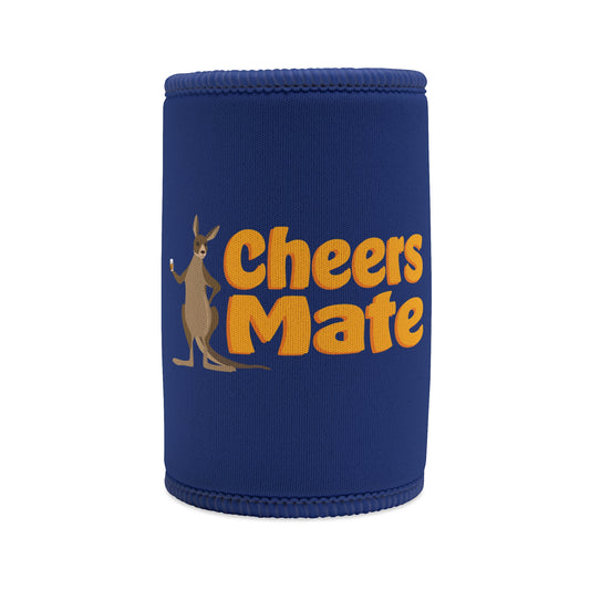 "Cheers Mate" stubby cooler in navy blue with gold text and kangaroo holding a beer — funny Aussie gift