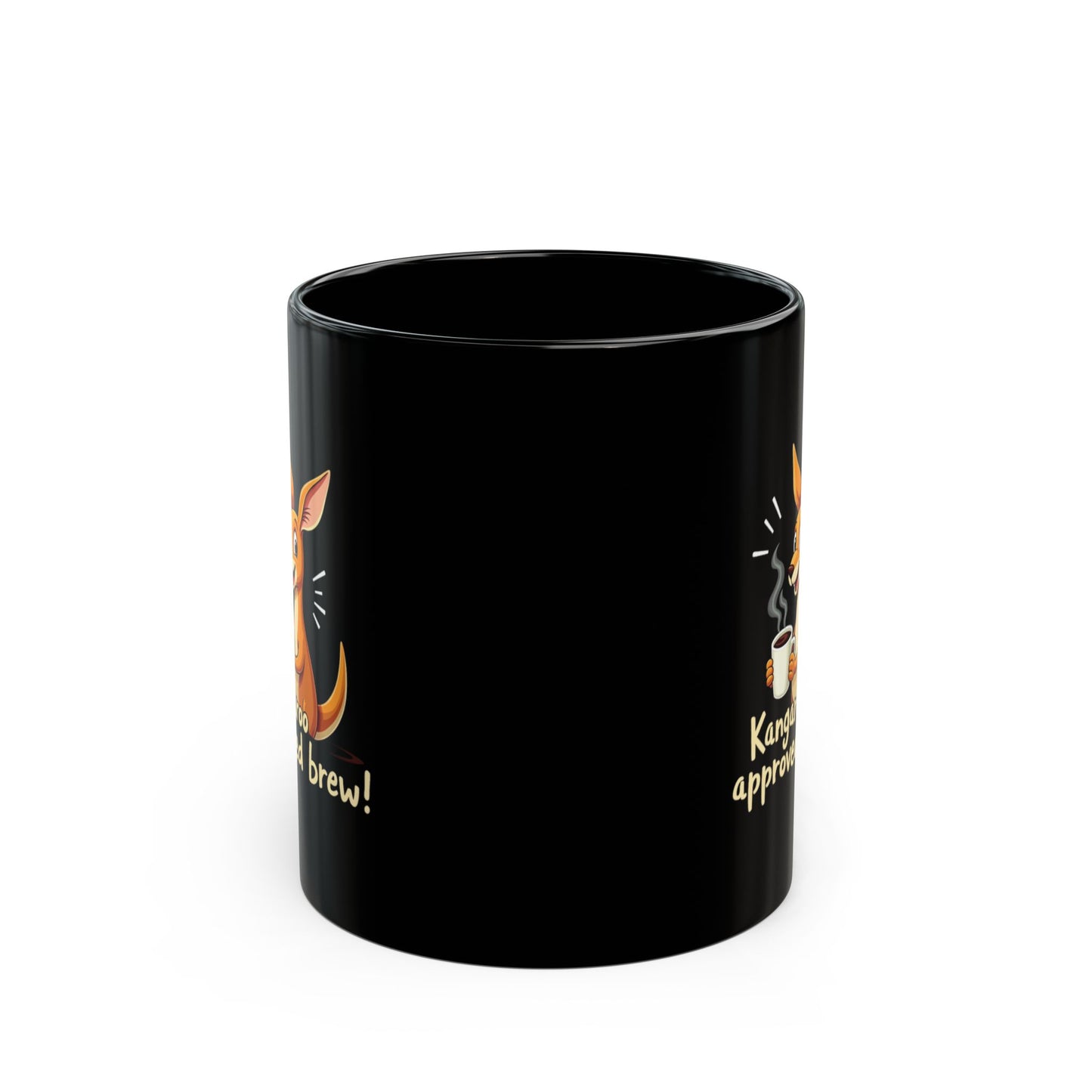 Black coffee mug with cartoon kangaroo holding a steaming cup, text reads 'Kangaroo approved brew'