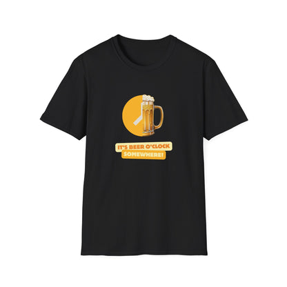 Black Beer O'Clock Somewhere unisex t-shirt with frothy beer mug clock graphic in gold and white print