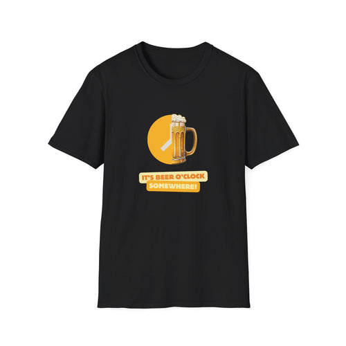 Black Beer O'Clock Somewhere unisex t-shirt with frothy beer mug clock graphic in gold and white print