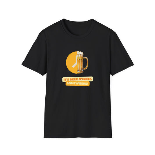Black Beer O'Clock Somewhere unisex t-shirt with frothy beer mug clock graphic in gold and white print