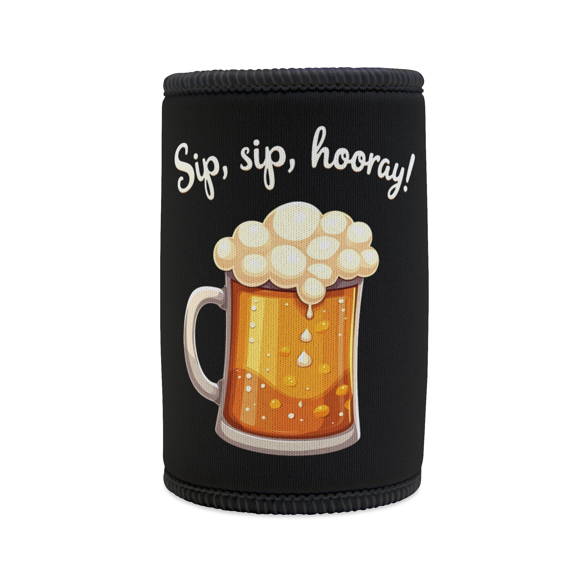 Sip Sip Hooray stubby cooler, black neoprene with frothy beer mug graphic, funny Aussie gift idea