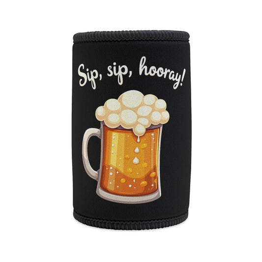 Sip Sip Hooray stubby cooler, black neoprene with frothy beer mug graphic, funny Aussie gift idea