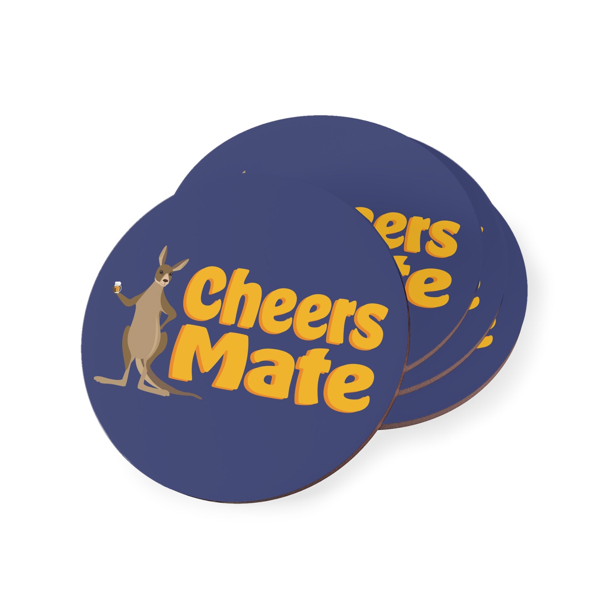 Cheers Mate Coasters set, navy blue round cork-backed coasters with kangaroo holding beer and bold yellow text