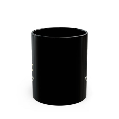 Do Not Disturb black coffee mug with gold text, glossy ceramic, handleless side view on white background