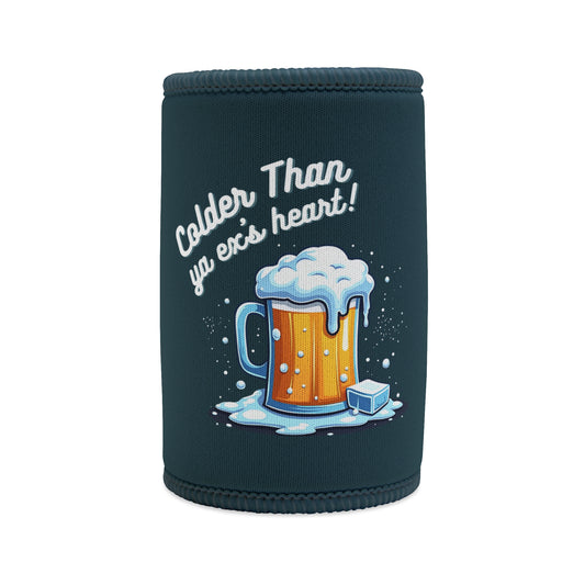 Colder Than Ya Ex's Heart stubby cooler, teal neoprene with icy beer mug graphic and white script text