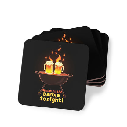 Drinks on the barbie tonight coasters, black set of 4 with flaming BBQ and beer mugs design