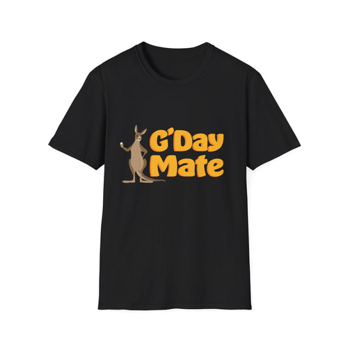G'Day Mate black unisex t-shirt with kangaroo holding a beer and bold orange text. Funny Australian gift tee.