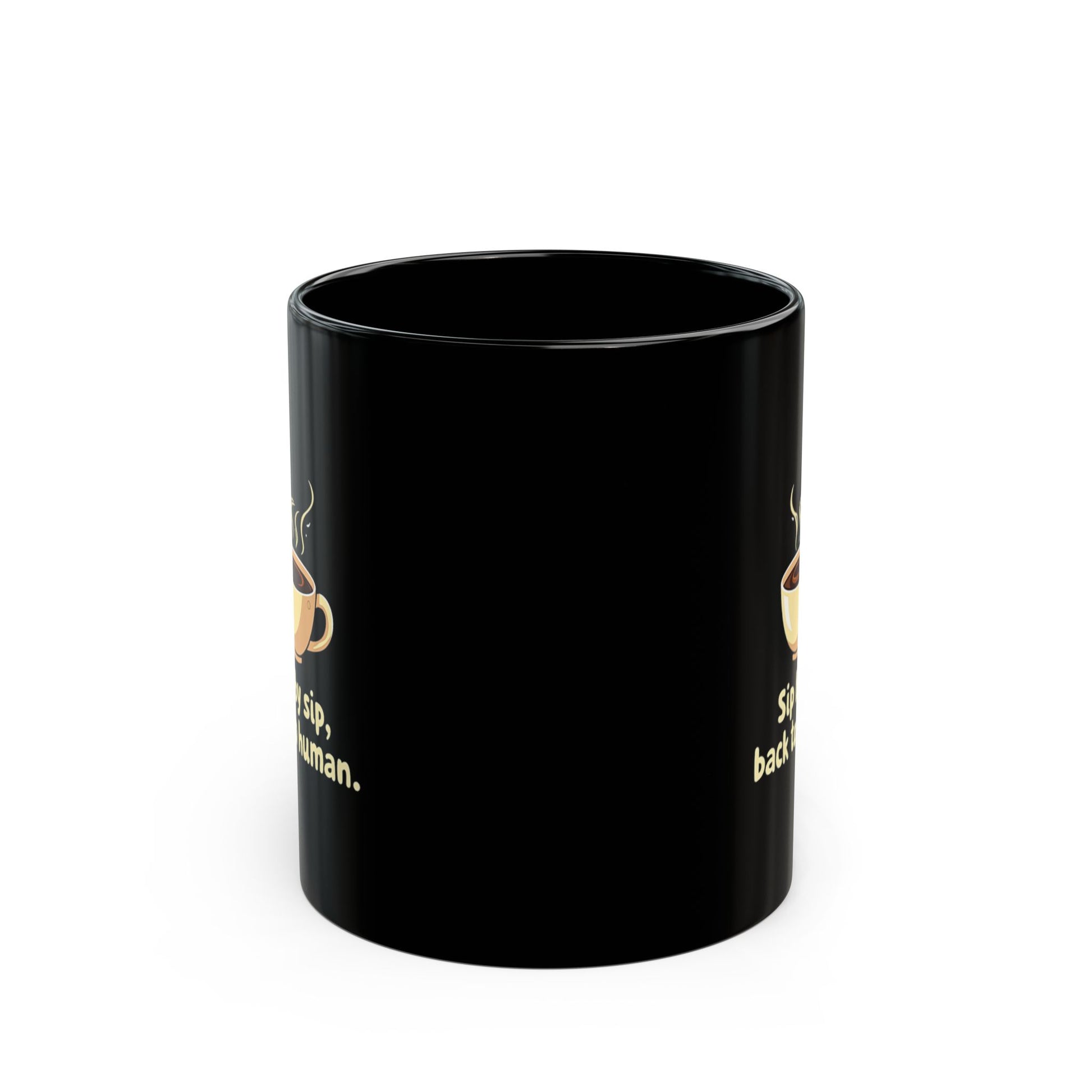 Sip By Sip black ceramic coffee mug with steaming cup graphic and humorous text, 11oz funny gift mug