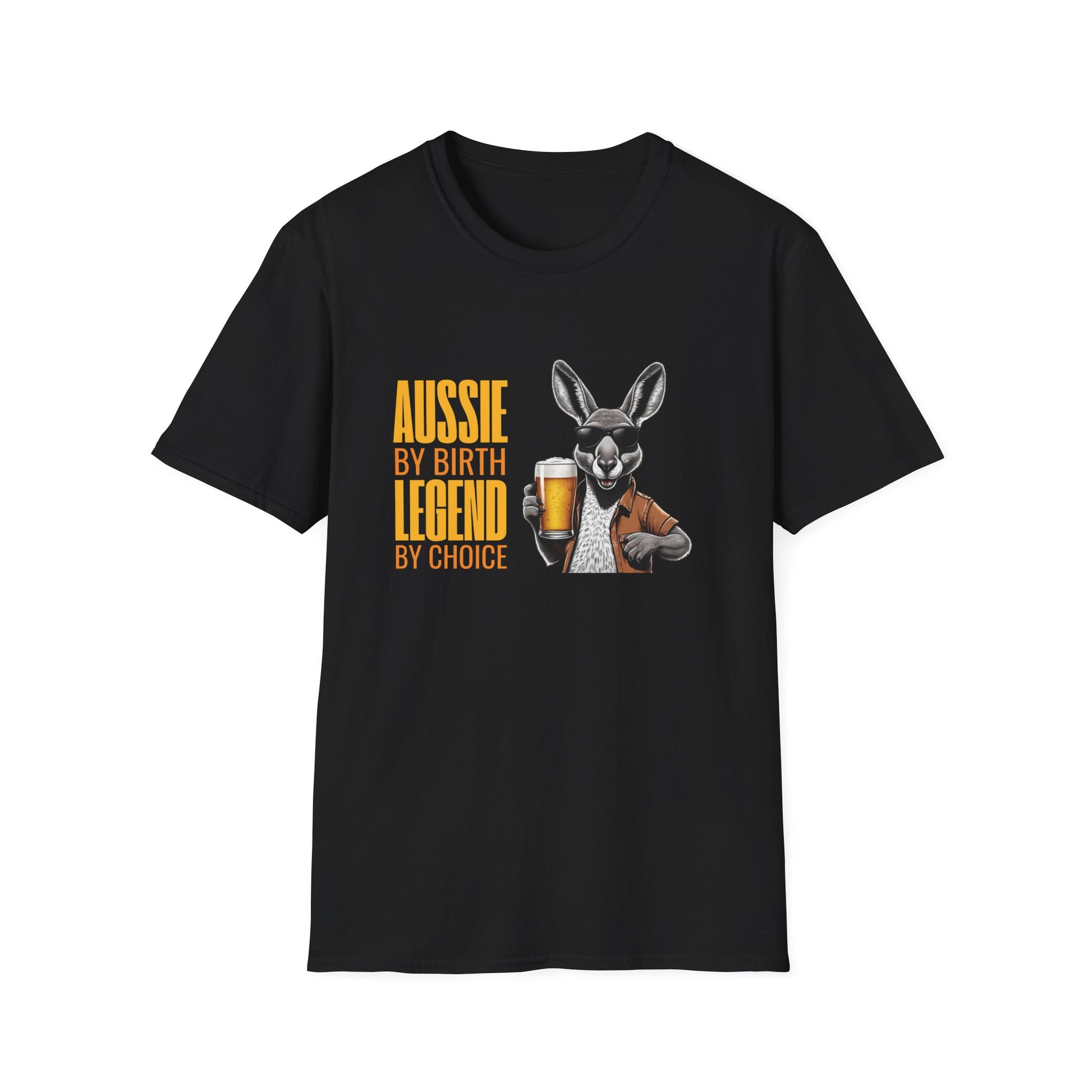 Black Aussie Legend t-shirt with sunglasses kangaroo holding beer, text reads Aussie By Birth Legend By Choice