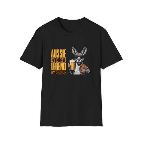 Black Aussie Legend t-shirt with sunglasses kangaroo holding beer, text reads Aussie By Birth Legend By Choice