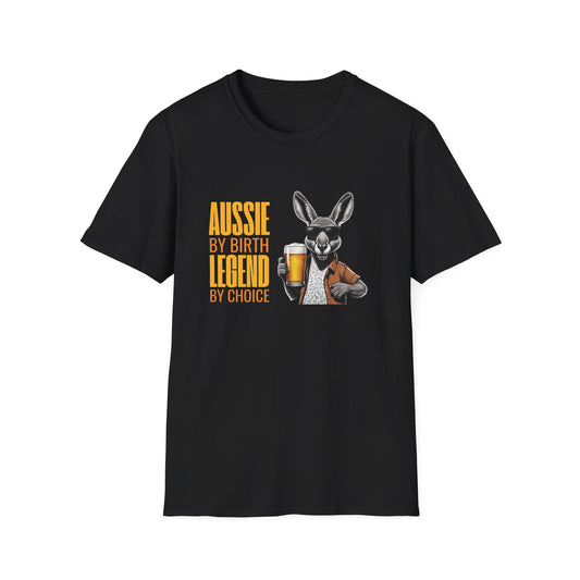 Black Aussie Legend t-shirt with sunglasses kangaroo holding beer, text reads Aussie By Birth Legend By Choice