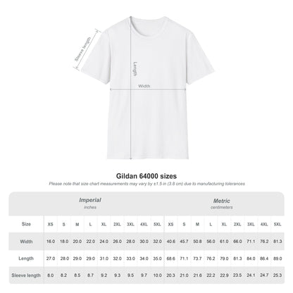 Gildan 64000 size chart for G'Day Mate unisex white t-shirt, showing width, length and sleeve measurements XS–5XL