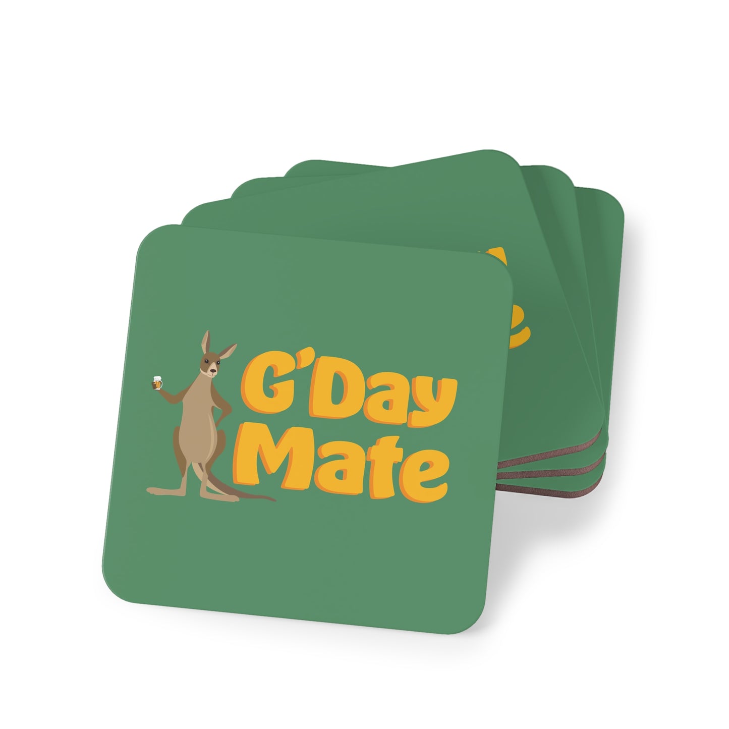 G'Day Mate Coasters set of four, green cork-backed squares with kangaroo holding a beer illustration