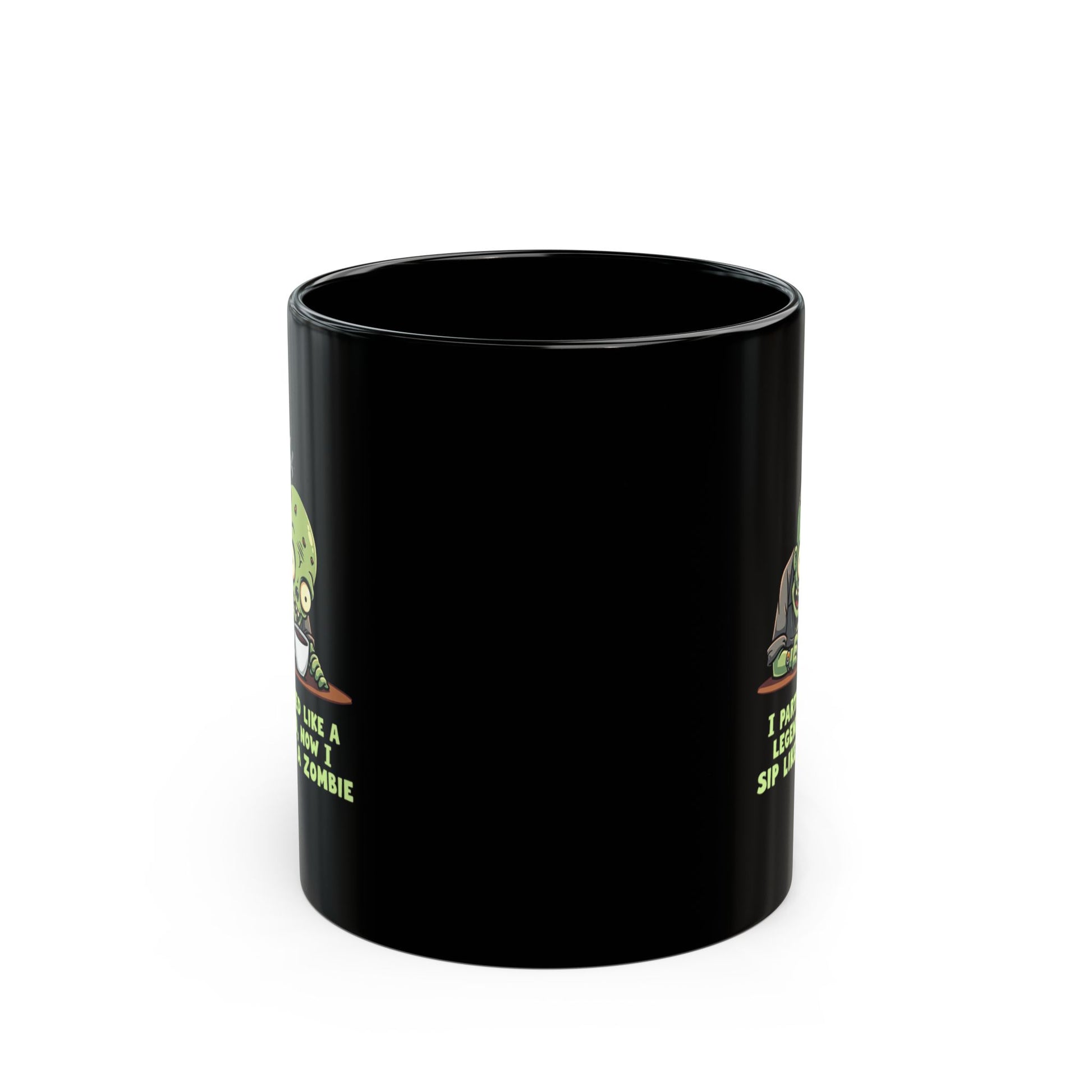 Black coffee mug with cartoon zombie graphic and funny party quote, 11oz novelty gift mug for mates