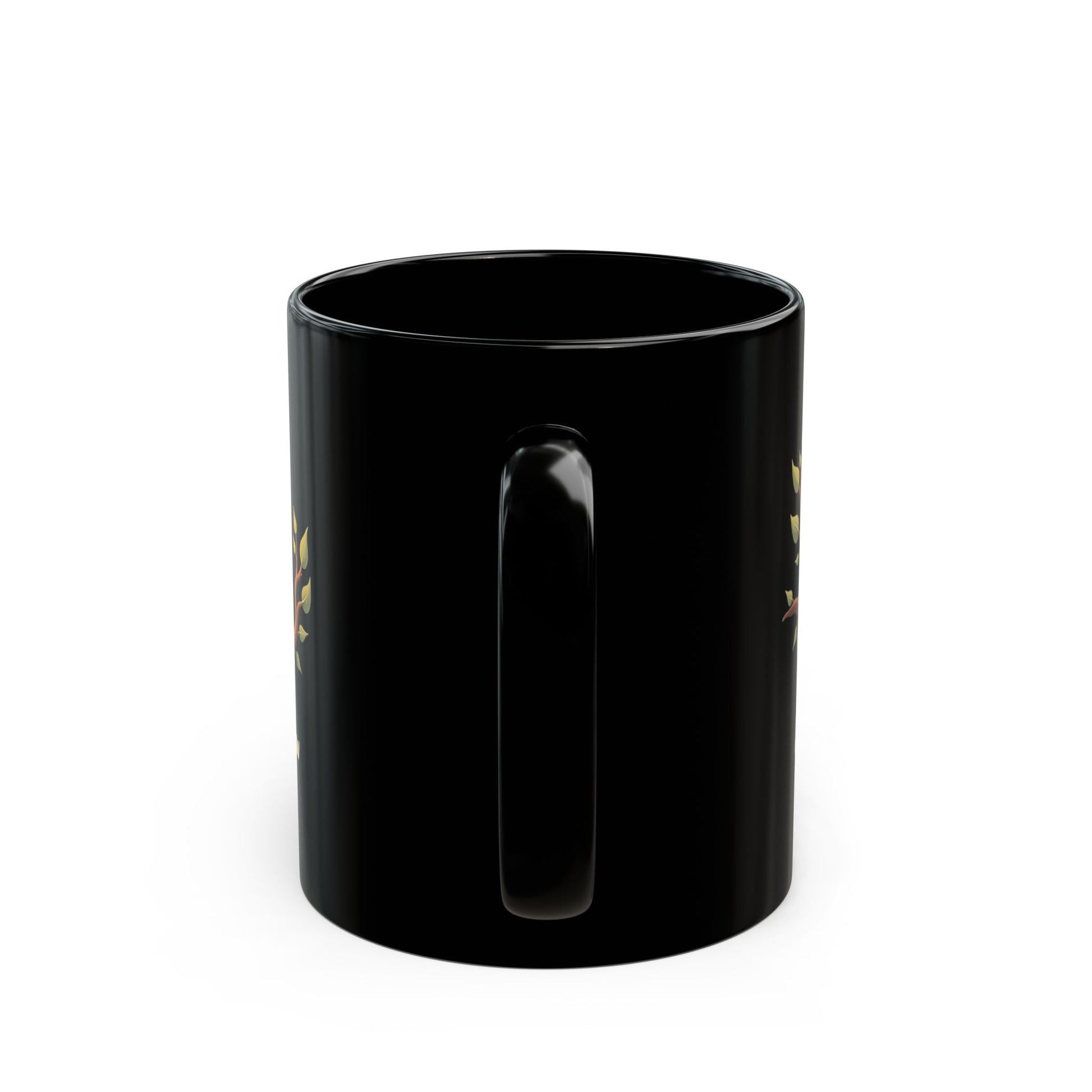 Sip Slow black ceramic coffee mug with gold and red graphic design, glossy finish, sturdy handle, 11oz