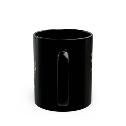 Sip Slow black ceramic coffee mug with gold and red graphic design, glossy finish, sturdy handle, 11oz