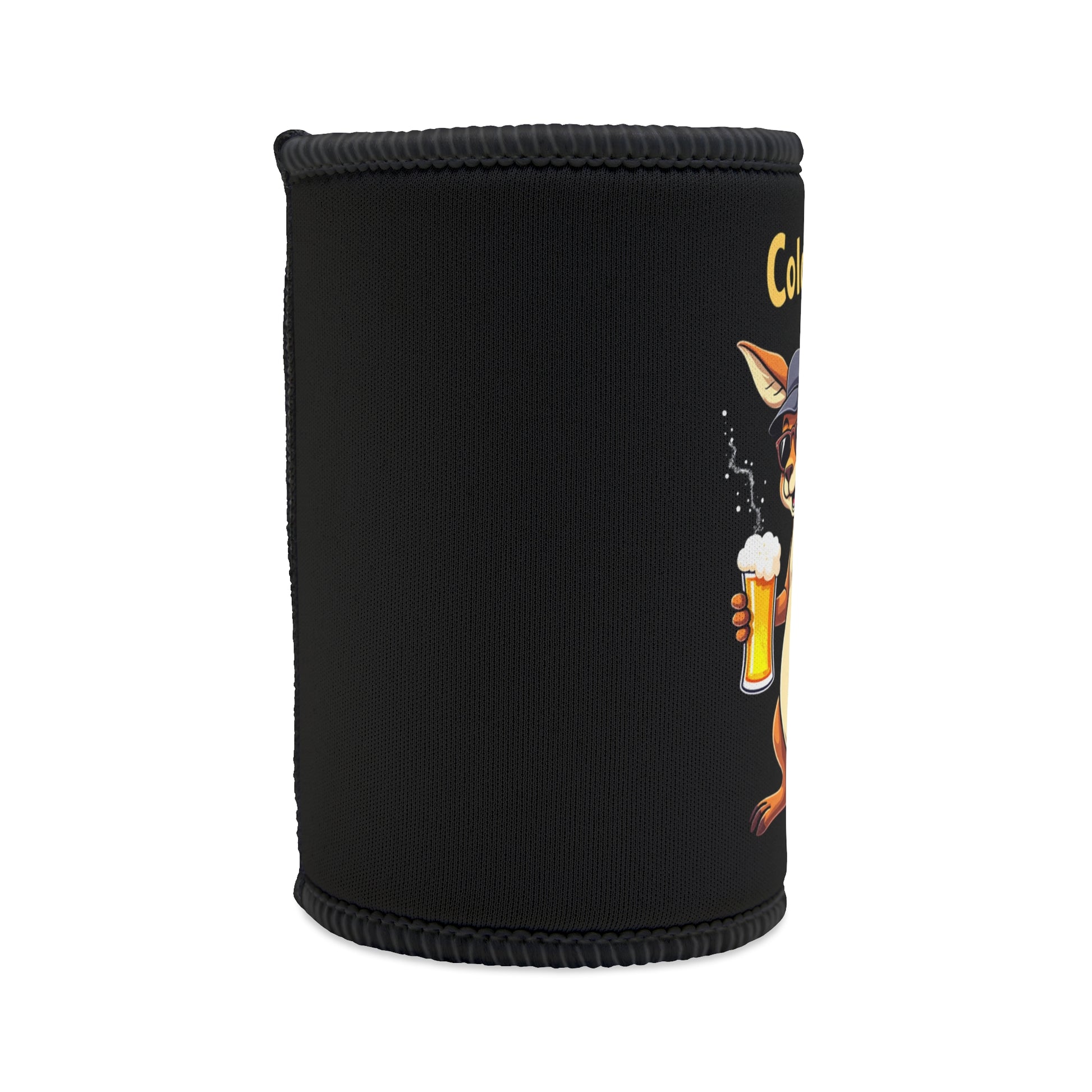 Cold Beer Aussie's Gear stubby cooler, black neoprene with cartoon kangaroo holding a beer