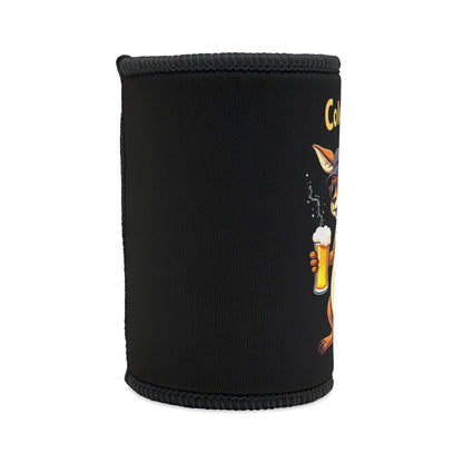 Cold Beer Aussie's Gear stubby cooler, black neoprene with cartoon kangaroo holding a beer