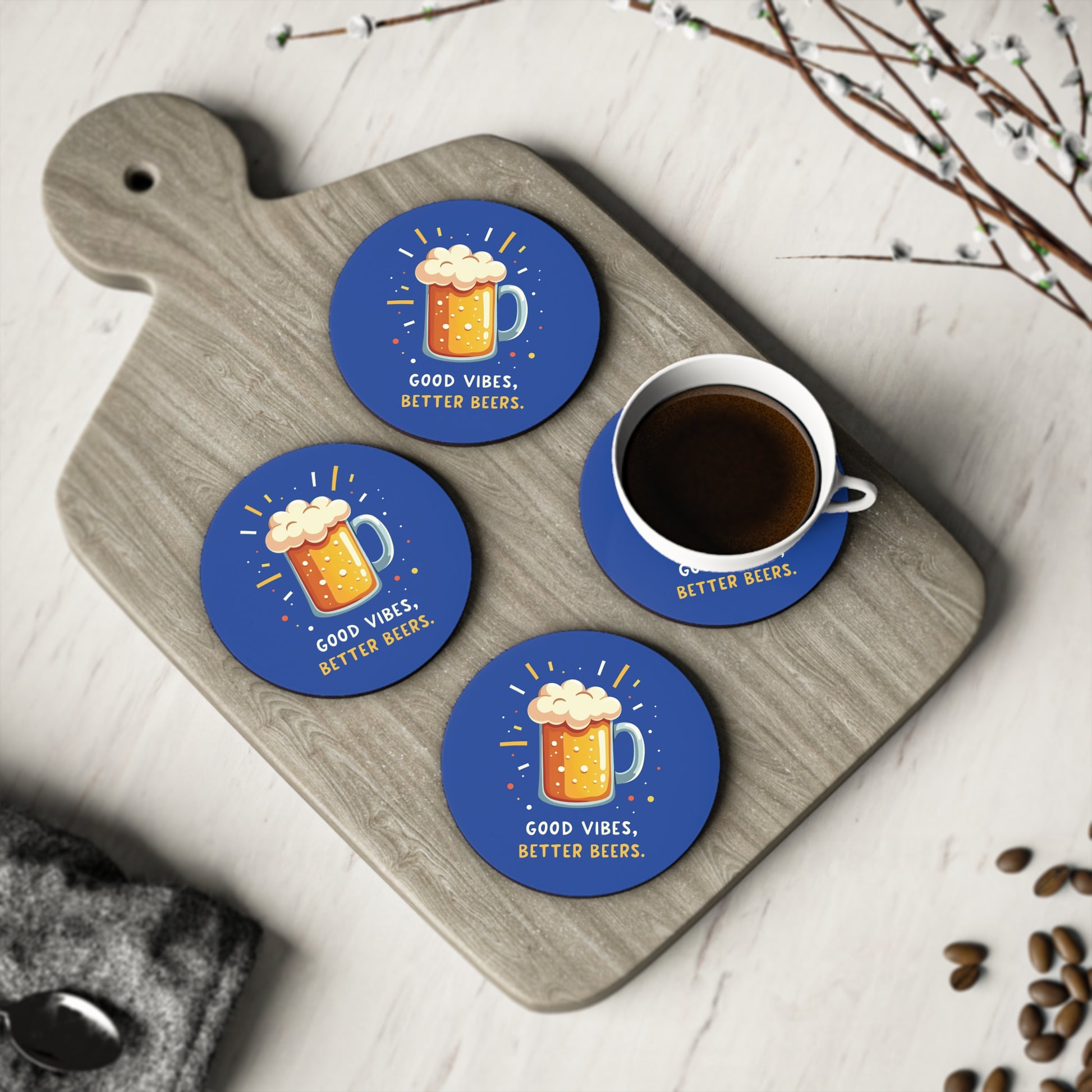 Good Vibes Better Beers coasters, set of 4, blue round design with beer mug graphic on timber board