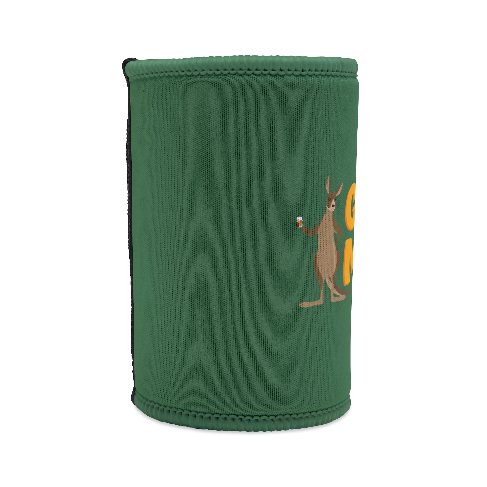 G'Day Mate green neoprene stubby cooler with kangaroo holding beer illustration, funny Aussie gift