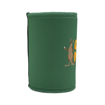G'Day Mate green neoprene stubby cooler with kangaroo holding beer illustration, funny Aussie gift