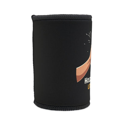 Hold My Beer Literally stubby cooler in black neoprene with fist graphic and yellow text, side angle view