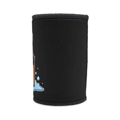 Stay Cool You Legend Stubby Cooler, black neoprene with beer bottle and ice splash graphic, side view