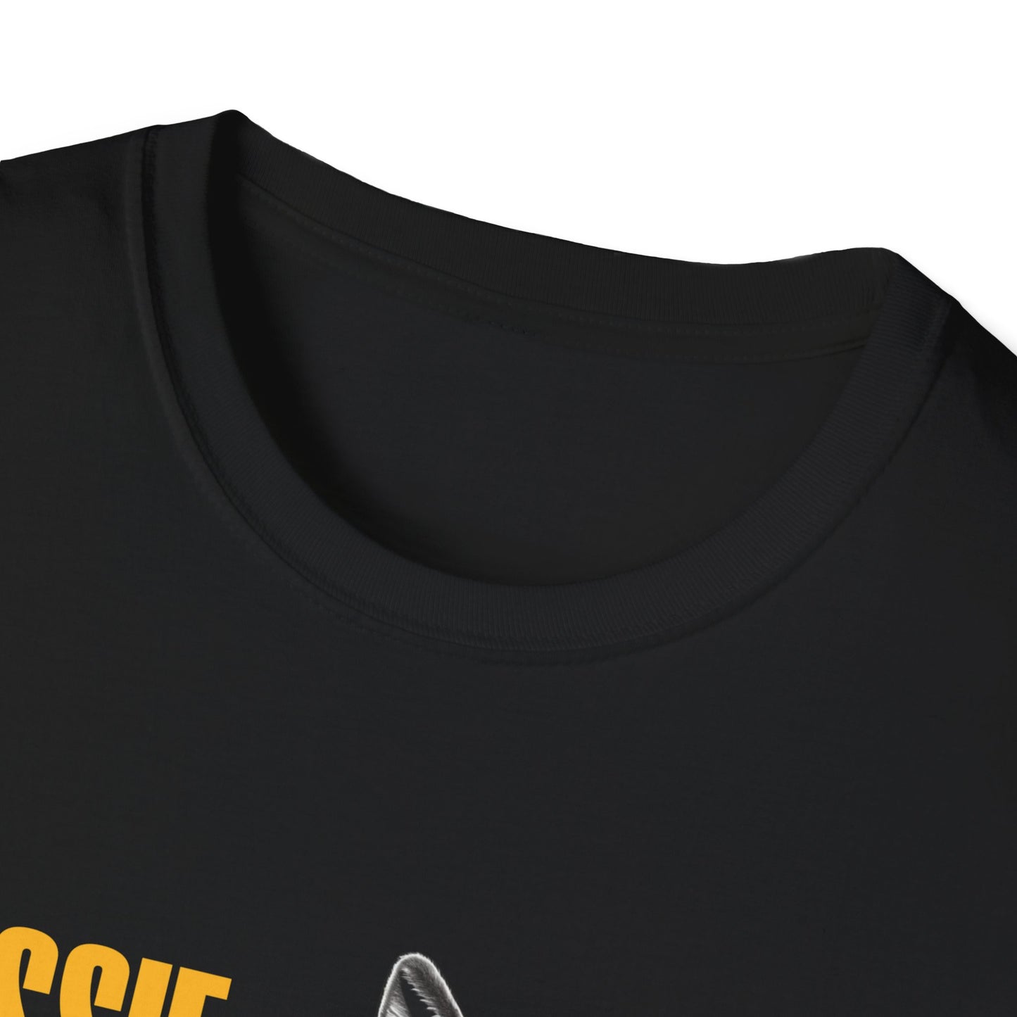 Aussie Legend black unisex t-shirt close-up showing ribbed crew neck and gold graphic print detail