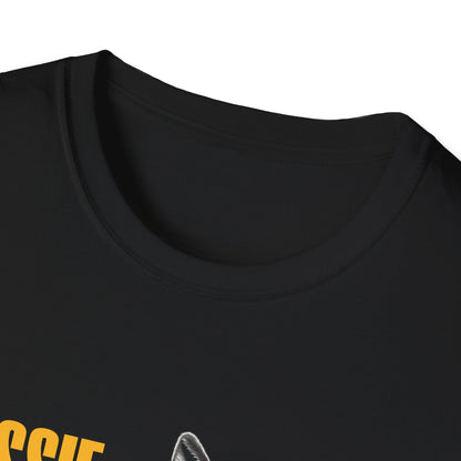 Aussie Legend black unisex t-shirt close-up showing ribbed crew neck and gold graphic print detail