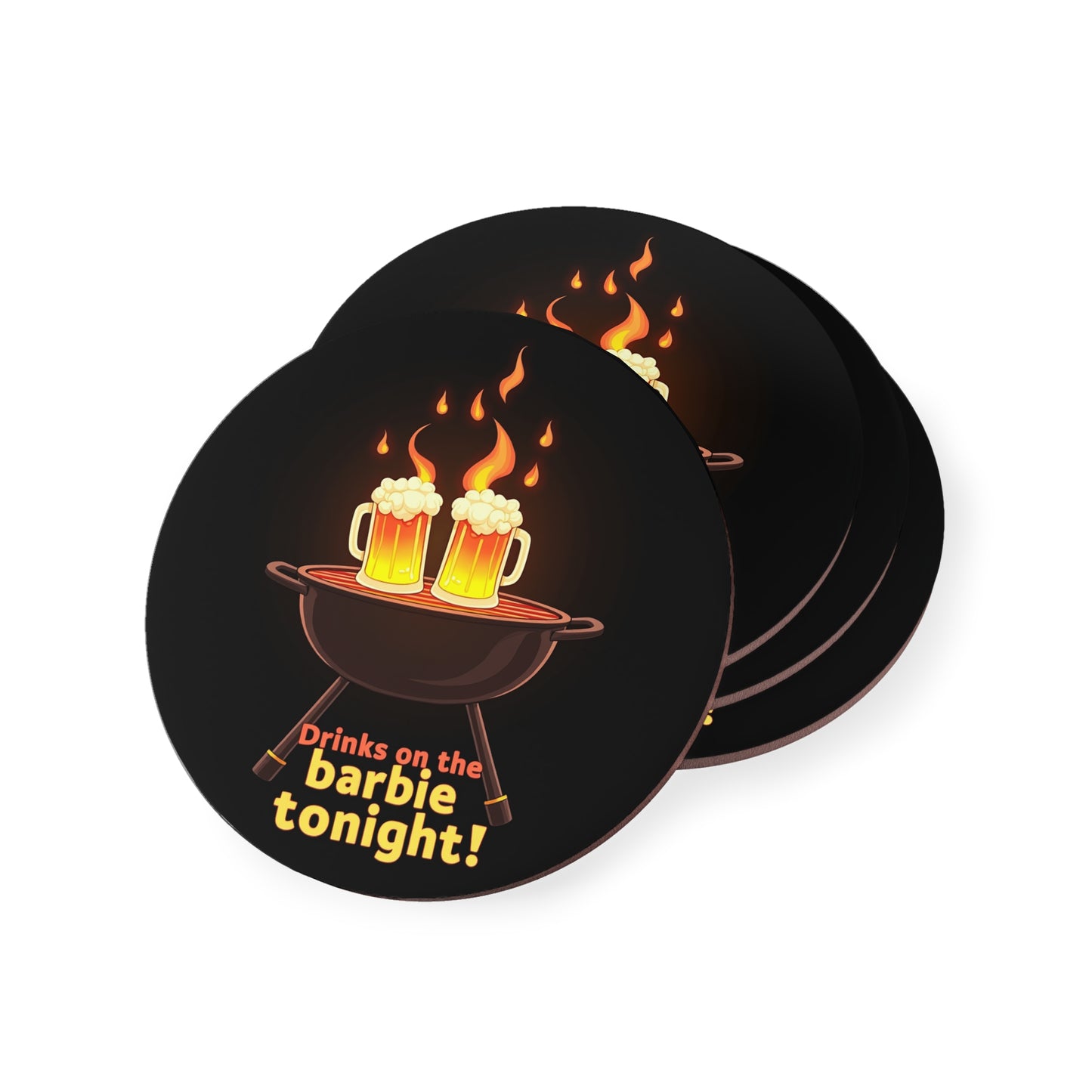 Drinks on the Barbie Tonight coasters, black round set with flaming BBQ and beer mugs design, funny Aussie gift
