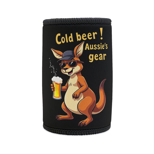 Cold Beer Aussie's Gear stubby cooler, black neoprene with cartoon kangaroo in sunnies holding a beer