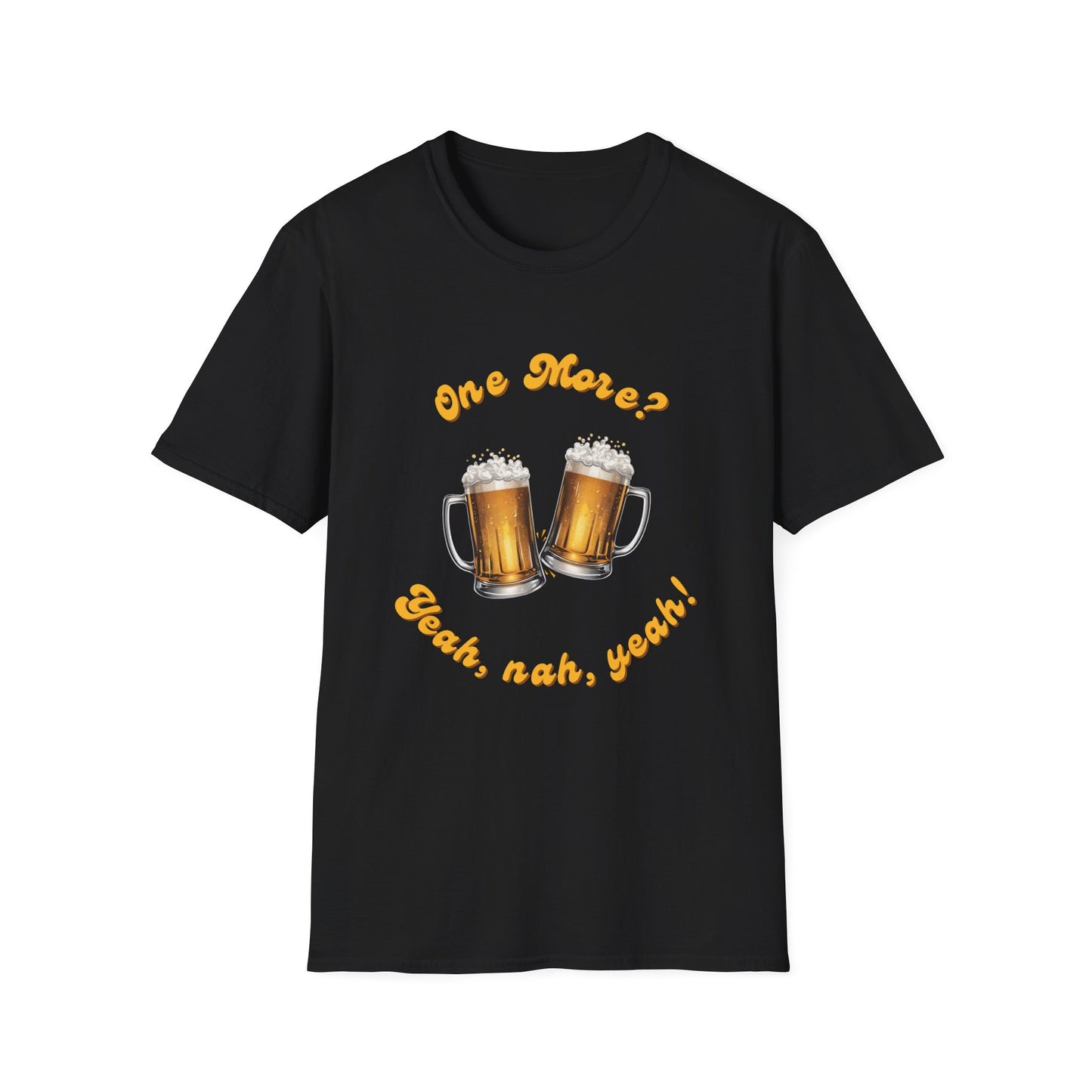 Black unisex t-shirt with two beer mugs and gold text reading One More? Yeah, nah, yeah! Funny Aussie gift tee.