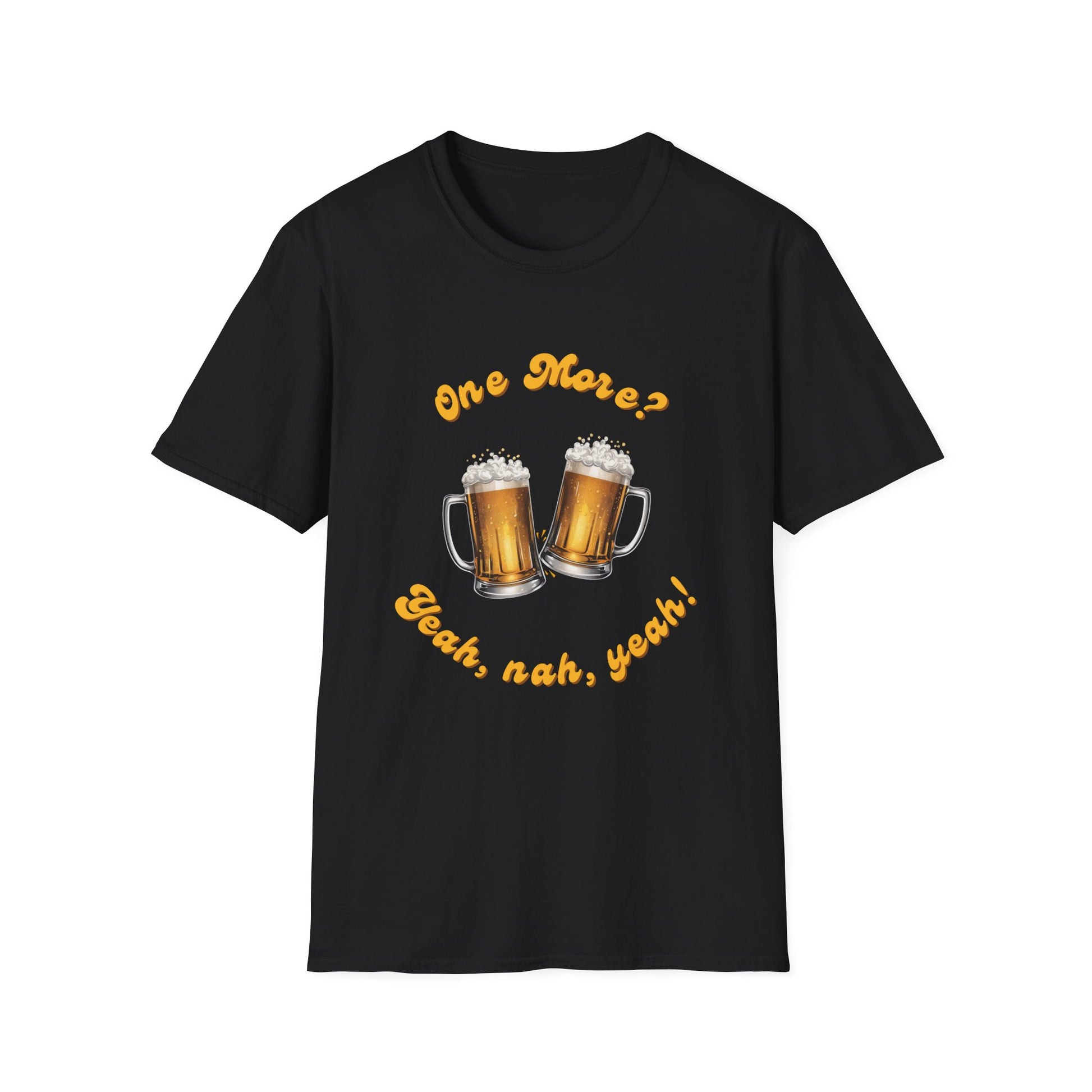 Black unisex t-shirt with two beer mugs and gold text reading One More? Yeah, nah, yeah! Funny Aussie gift tee.