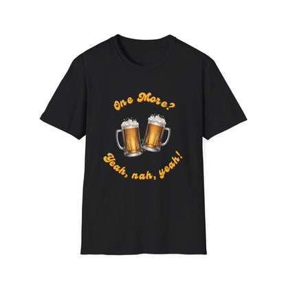 Black unisex t-shirt with two beer mugs and gold text reading One More? Yeah, nah, yeah! Funny Aussie gift tee.