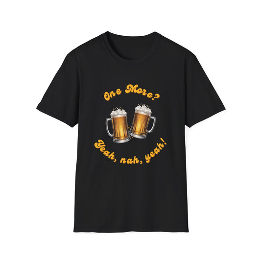 Black unisex t-shirt with two beer mugs and gold text reading One More? Yeah, nah, yeah! Funny Aussie gift tee.